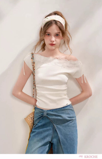 Kroche Lace patchwork pleated knitted short sleeved shirt