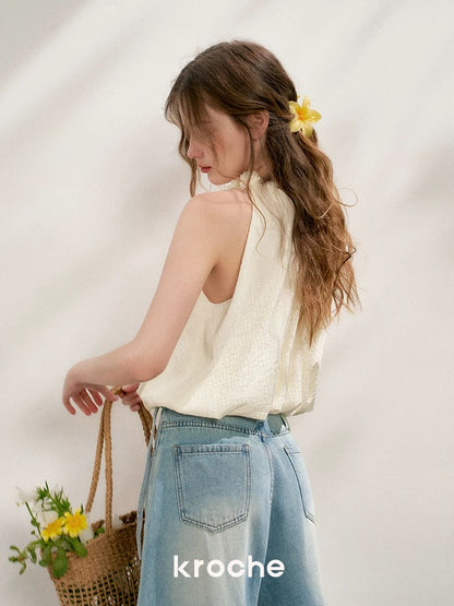 Kroche 3D floral texture halter neck top