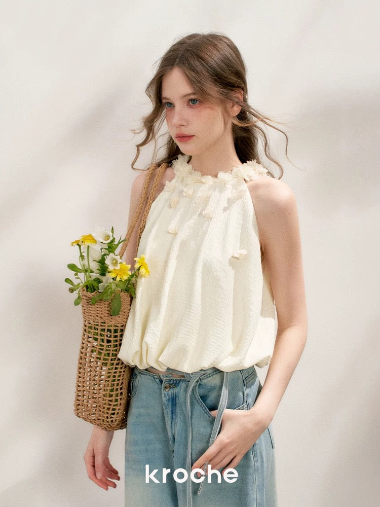 Kroche 3D floral texture halter neck top