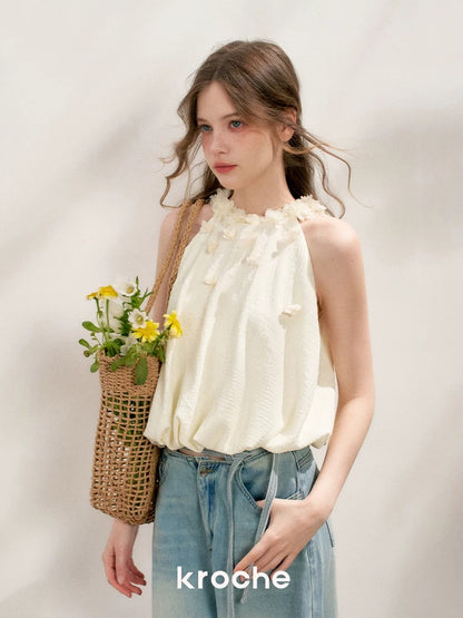 Kroche 3D floral texture halter neck top
