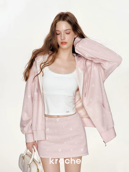 Kroche KB4435 Rose printed hooded loose sweatshirt jacket+ skirt