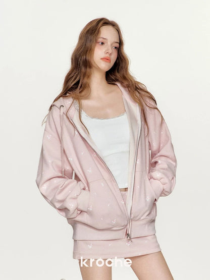 Kroche KB4435 Rose printed hooded loose sweatshirt jacket+ skirt