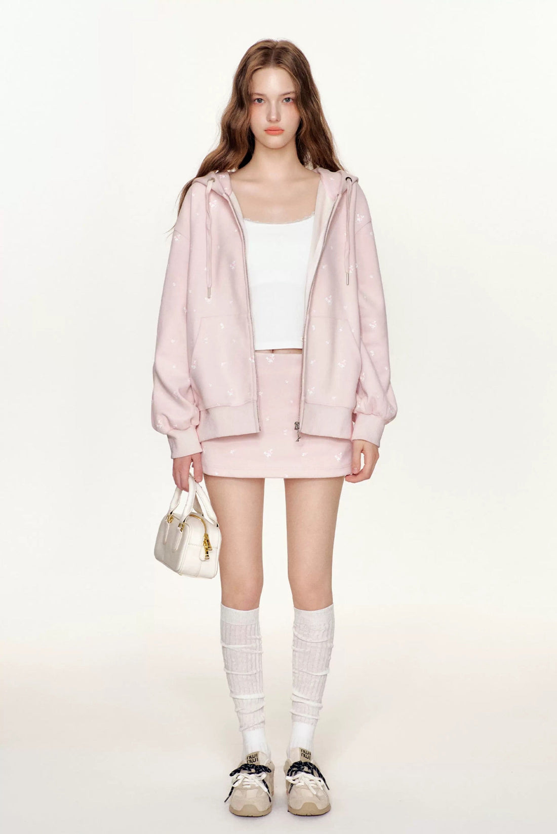 Kroche Rose printed hooded loose sweatshirt jacket+ skirt