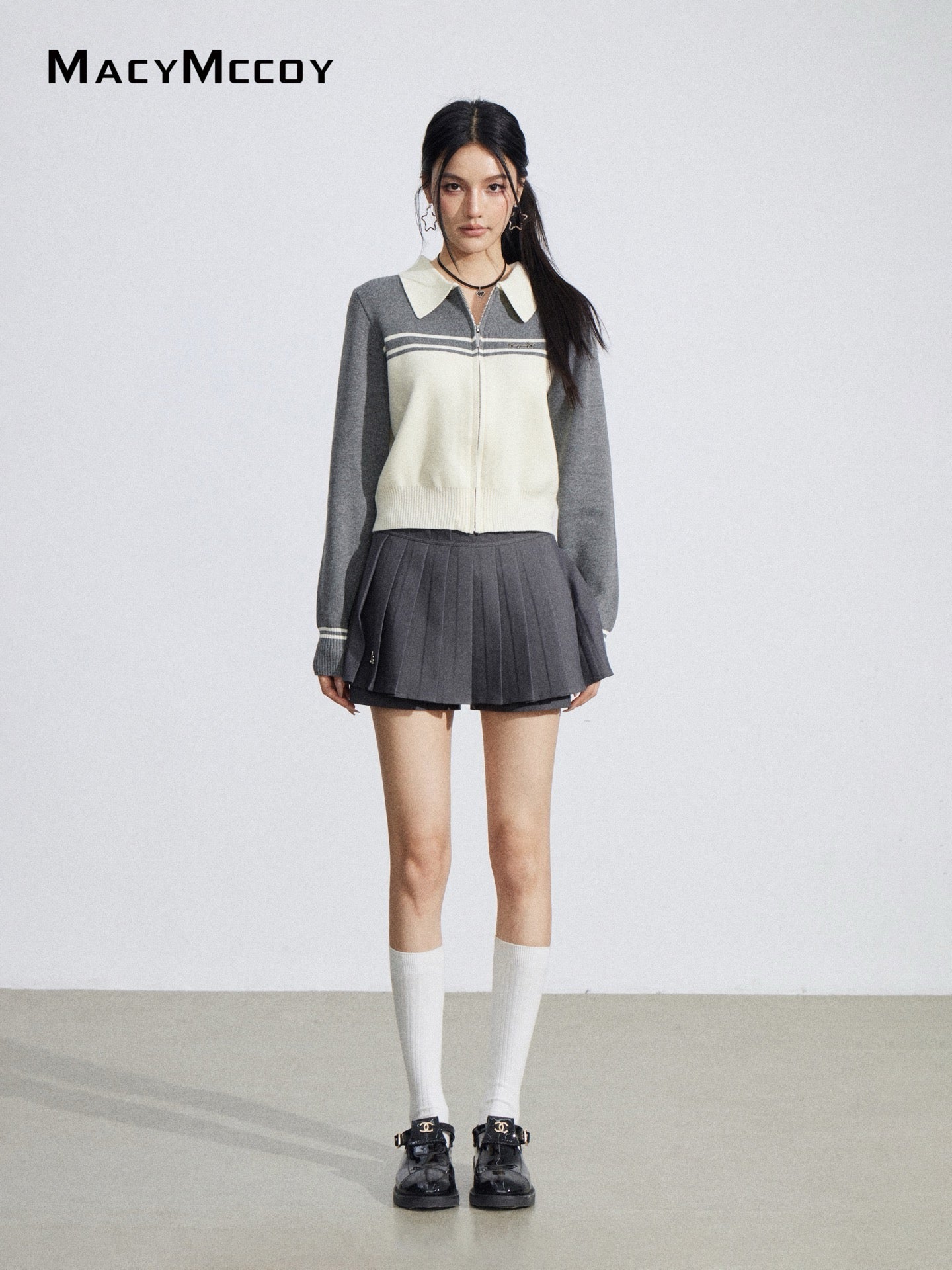 MacyMccoy MMC2026035 Polo collar contrasting knit cardigan