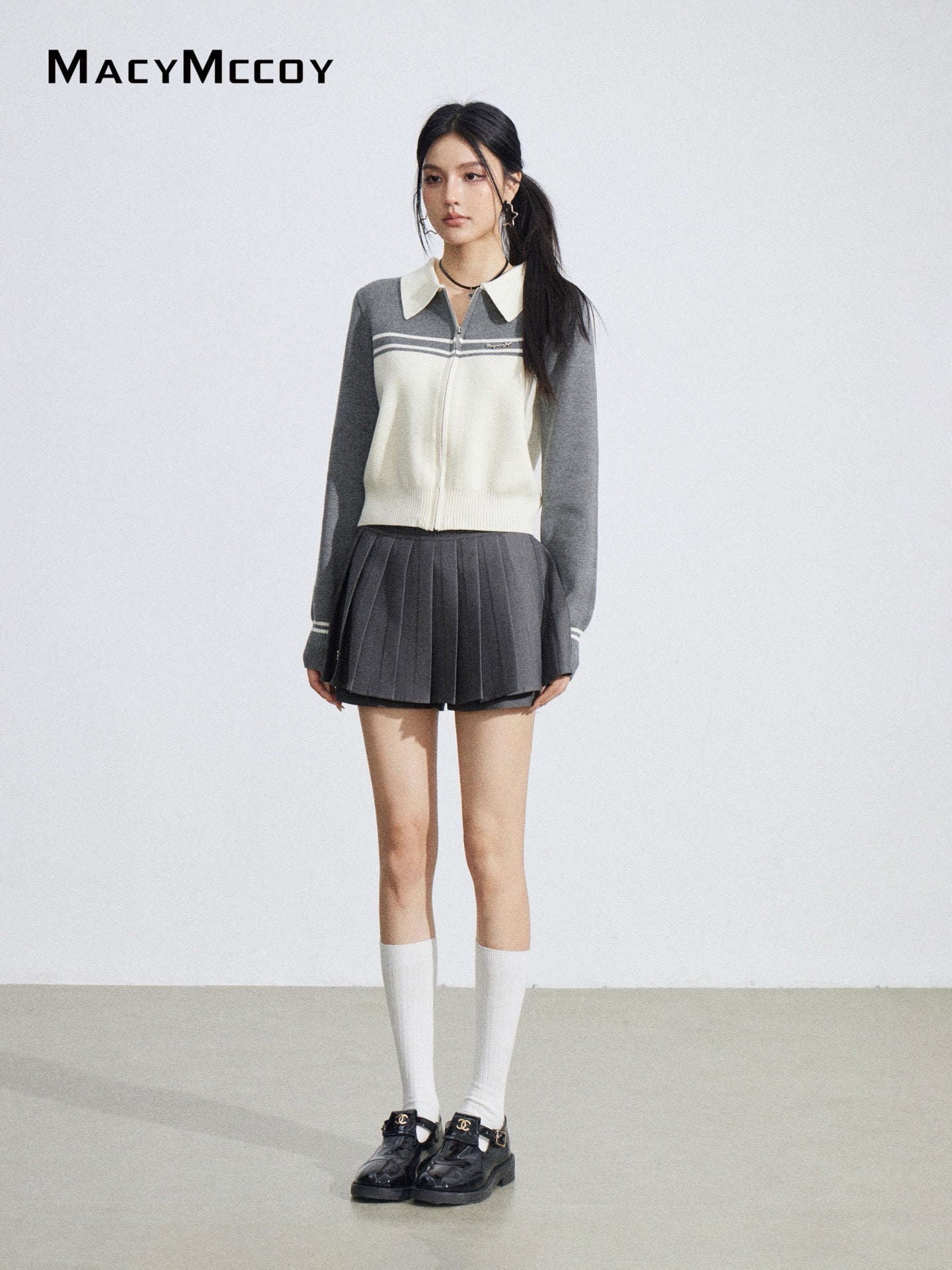 MacyMccoy MMC2026035 Polo collar contrasting knit cardigan