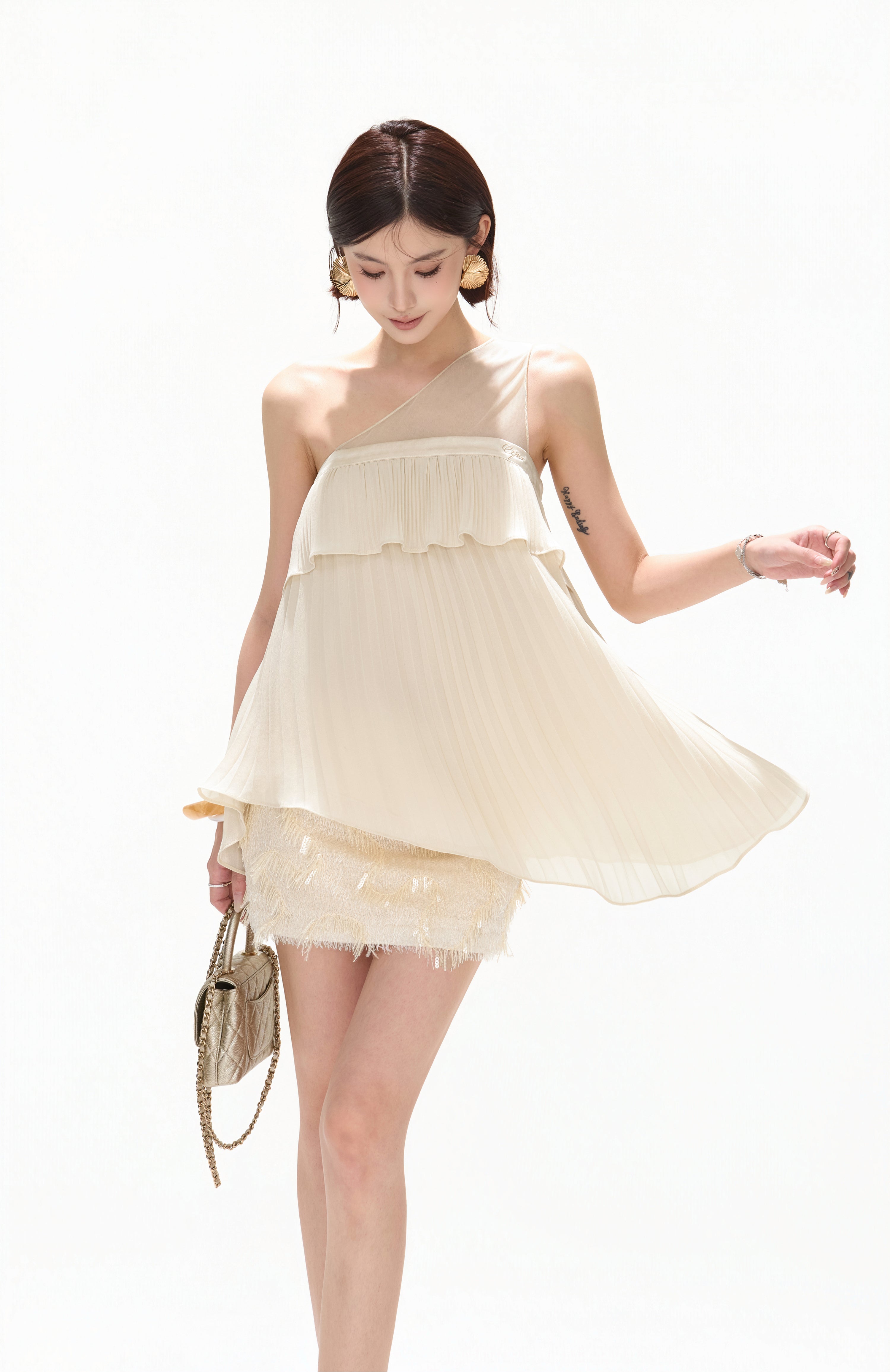 CYNR CY260415SAW Off shoulder patchwork irregular chiffon top