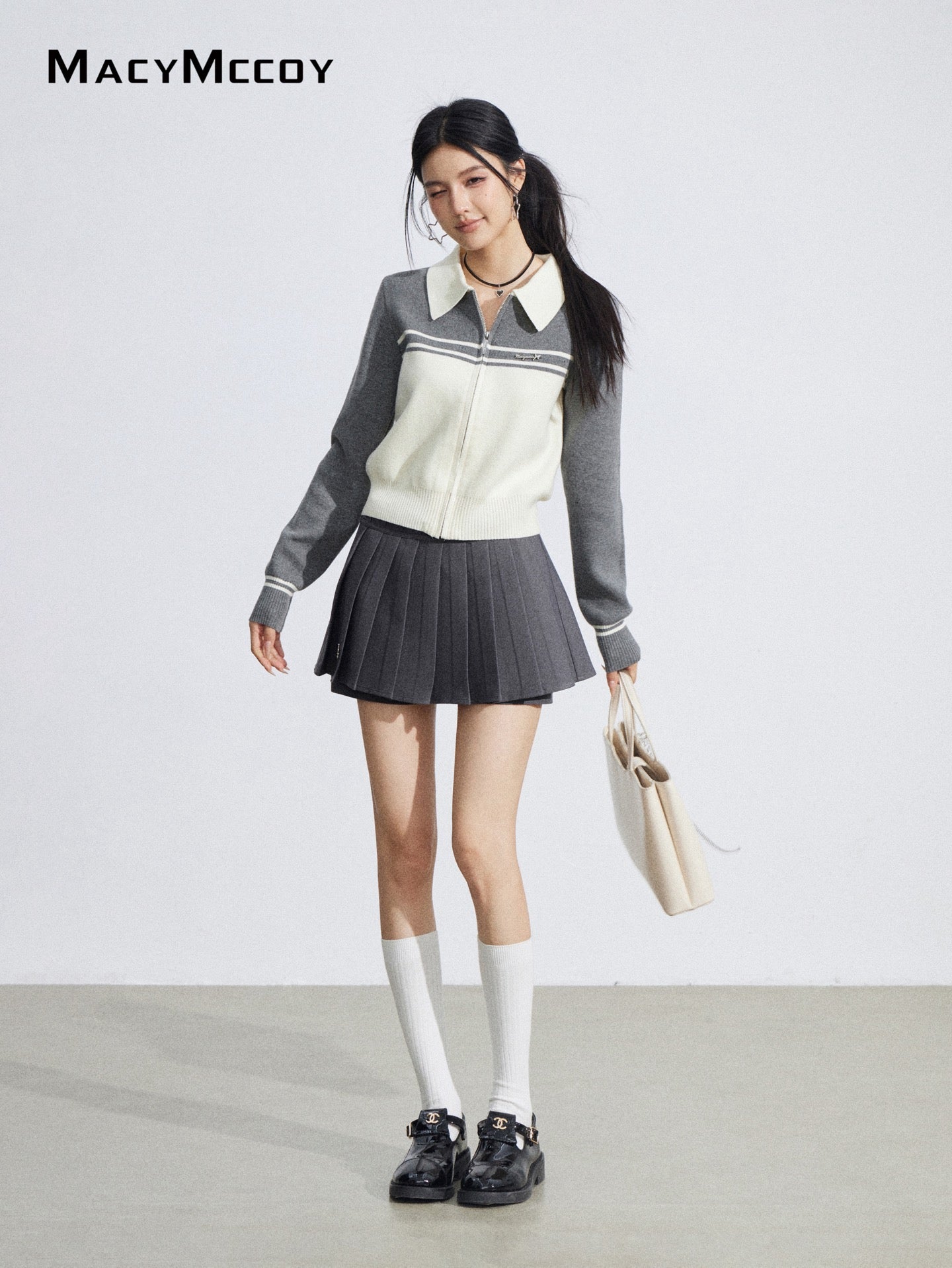 MacyMccoy MMC2026035 Polo collar contrasting knit cardigan