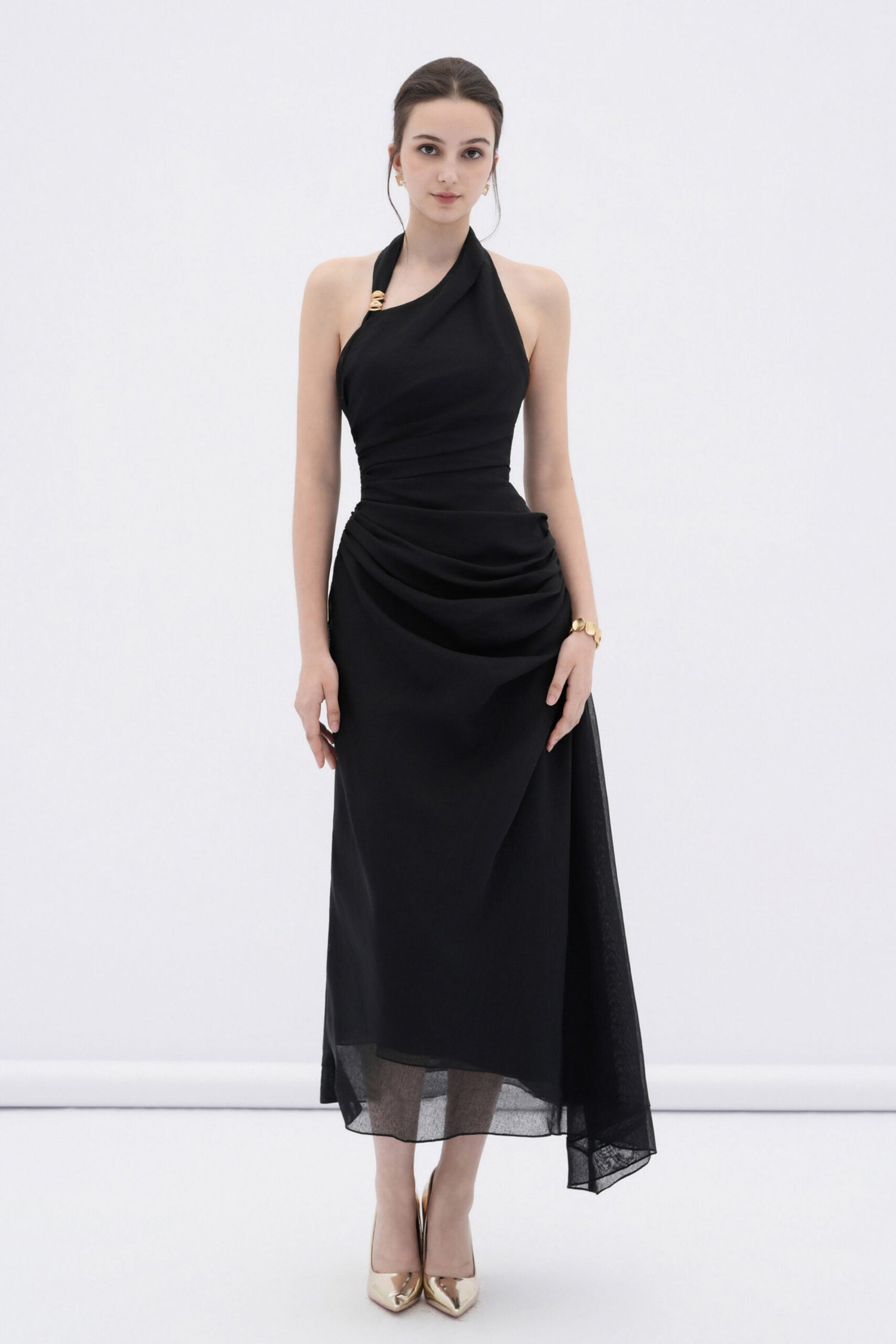 BYDENIO Elowen asymmetric hem midi dress with draped waist (2color)