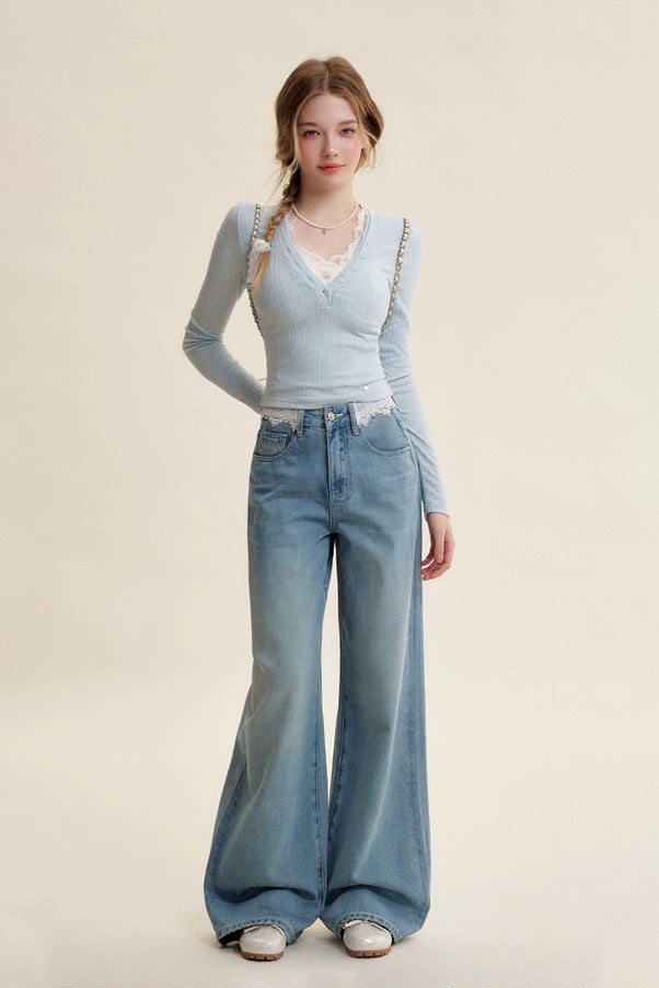 Kroche Lace patchwork slim knit top
