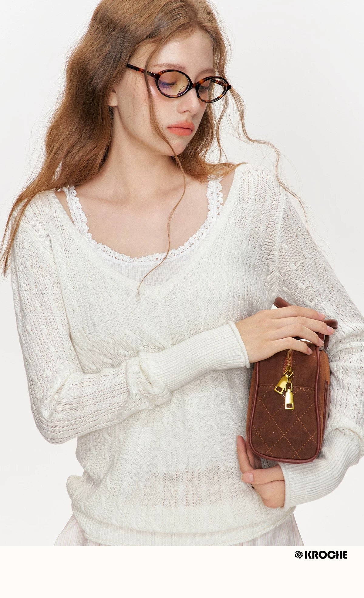 Kroche Lace patchwork pleated camisole knit vest