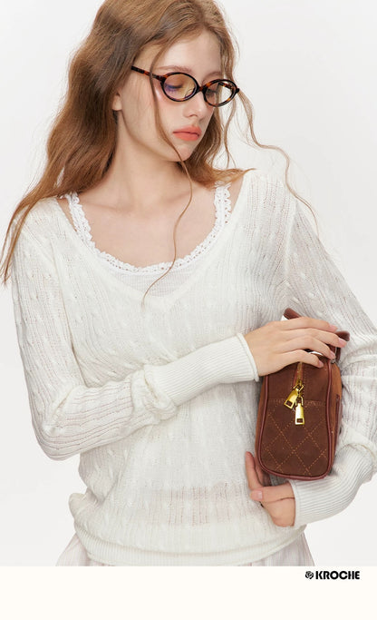 Kroche Lace patchwork pleated camisole knit vest