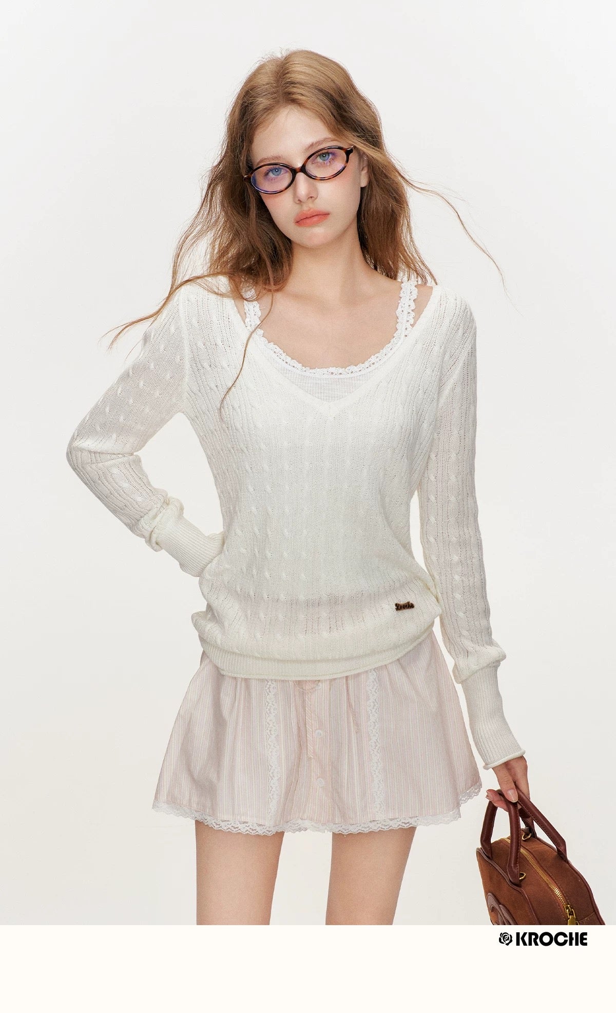 Kroche Lace patchwork pleated camisole knit vest