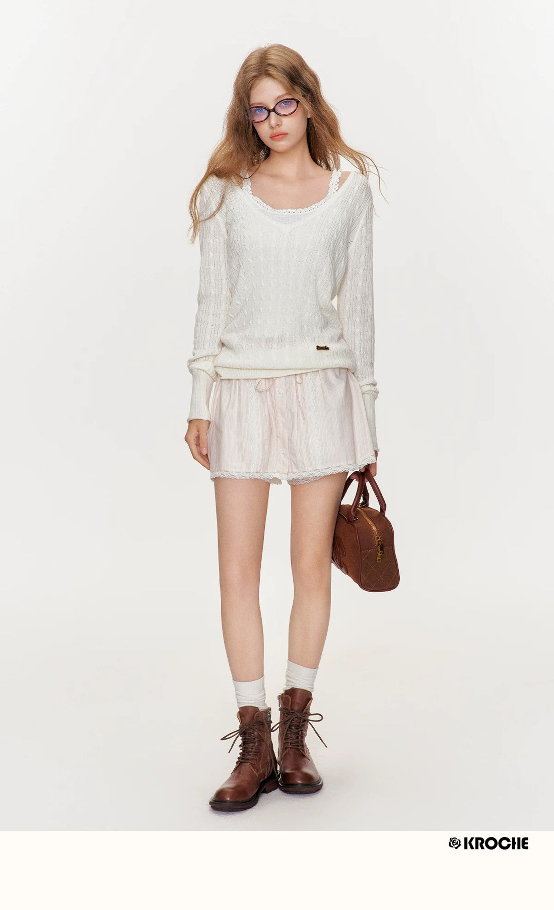 Kroche Lace patchwork pleated camisole knit vest