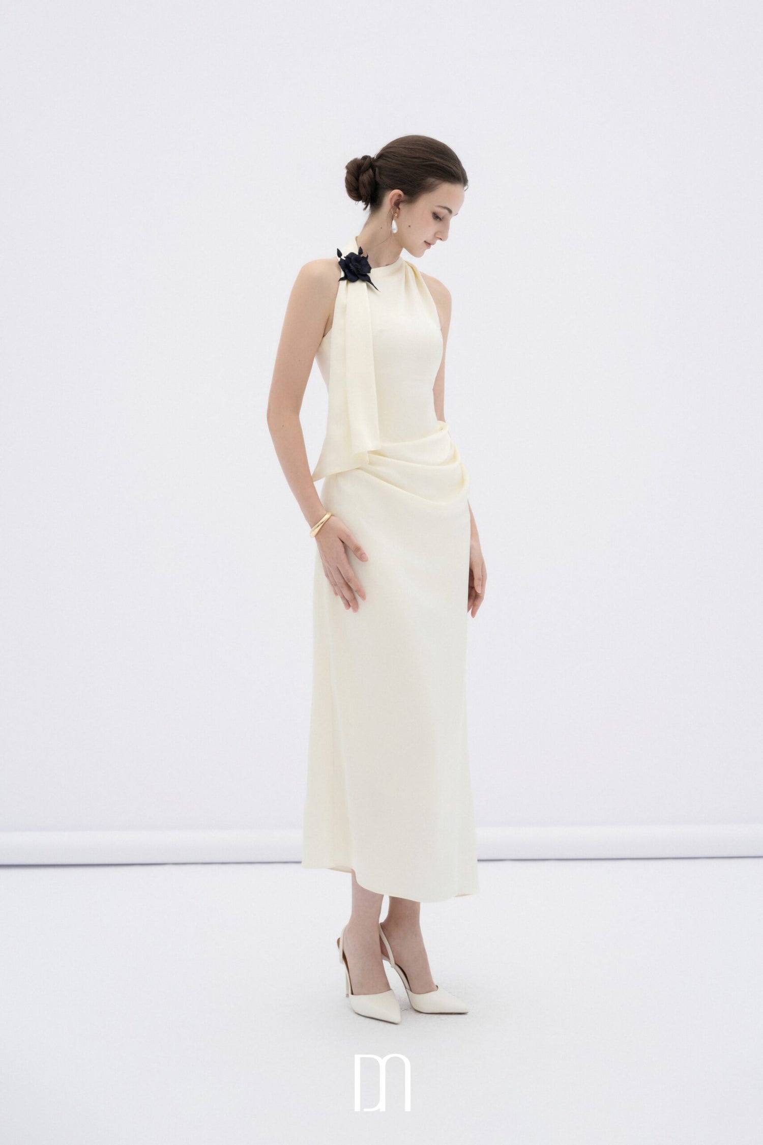 BYDENIO Brie draped silk halter midi dress