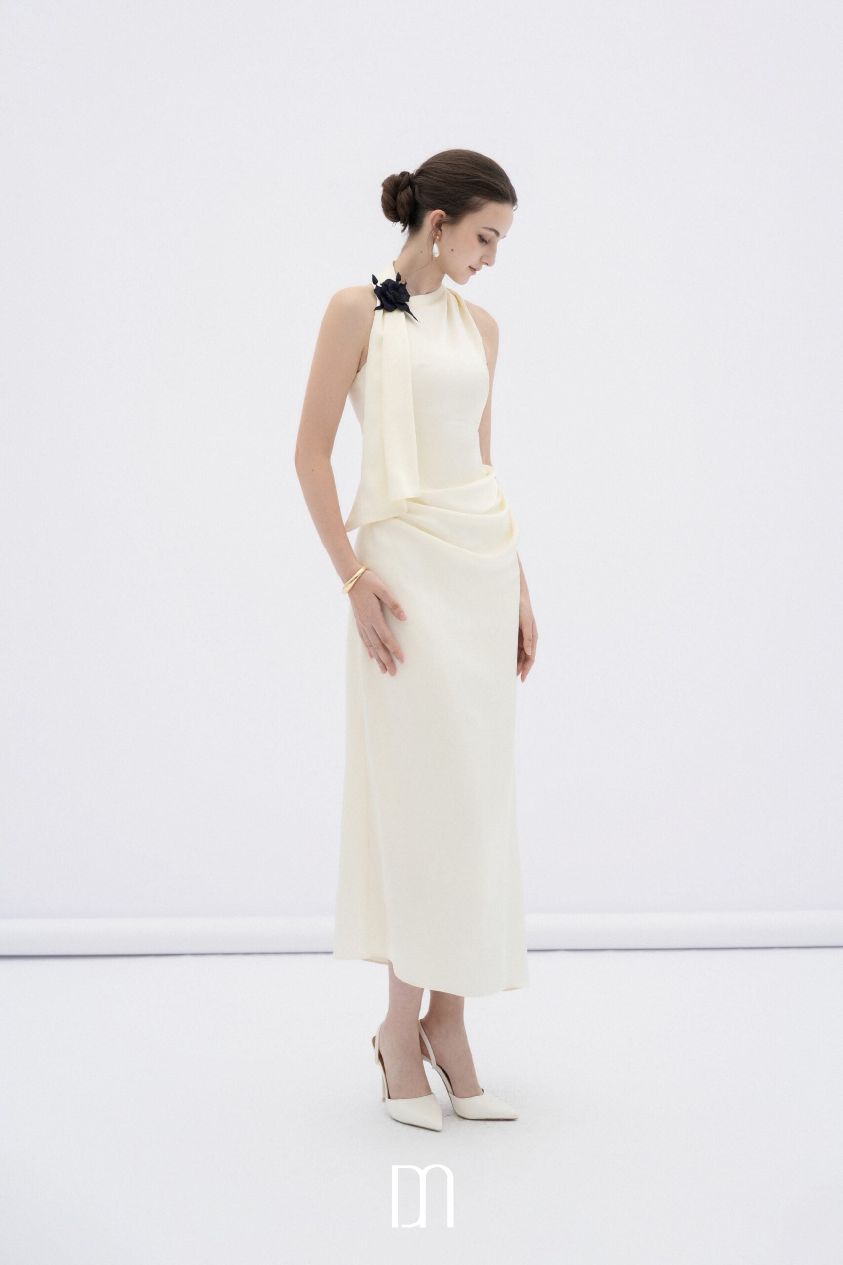 BYDENIO Brie draped silk halter midi dress