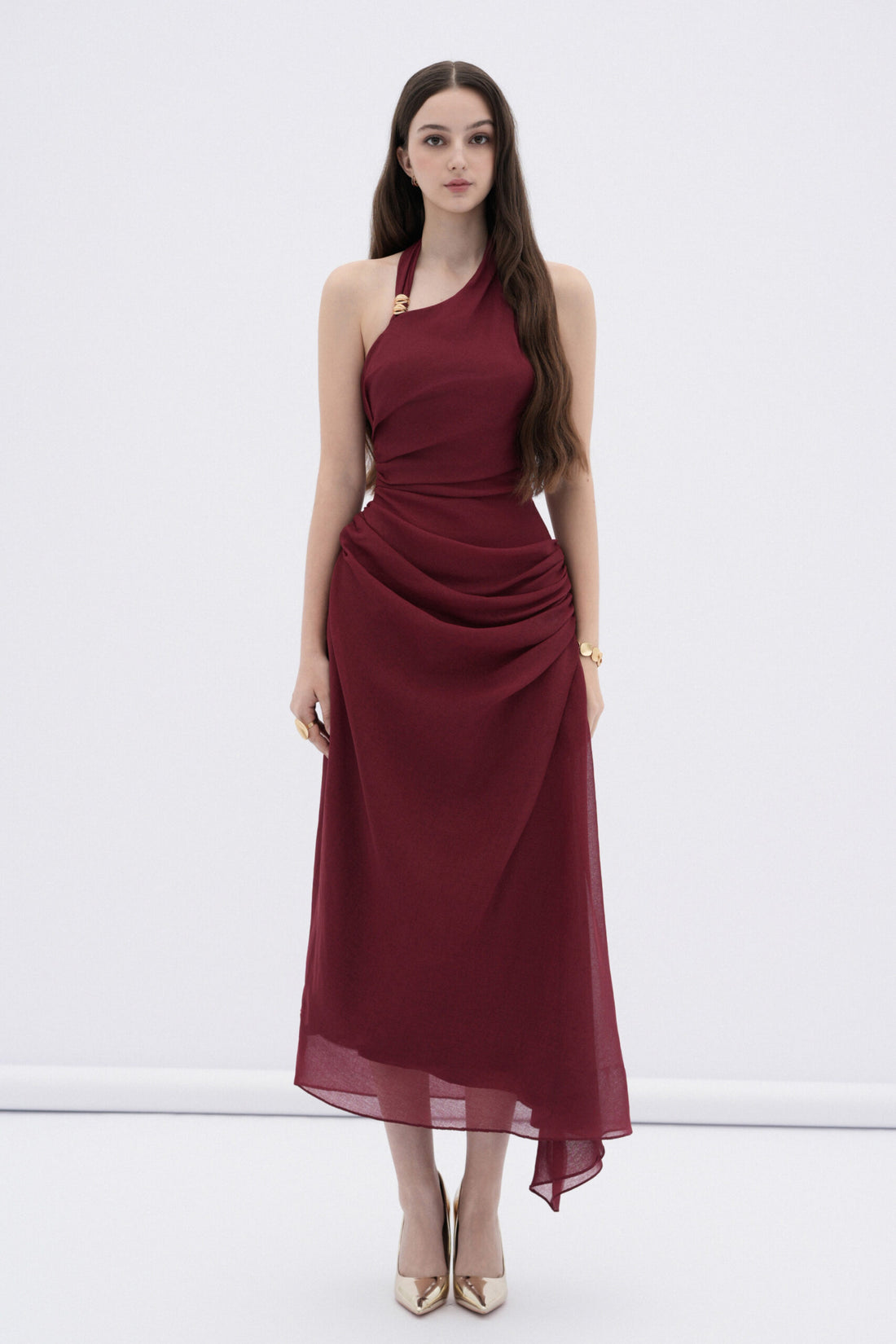 BYDENIO Elowen asymmetric hem midi dress with draped waist (2color)