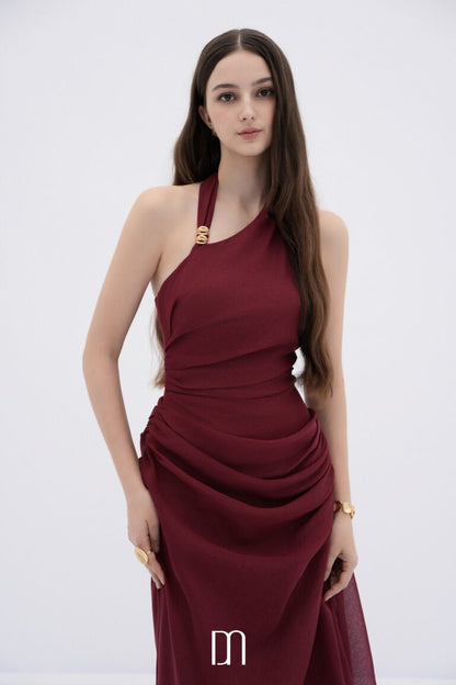 BYDENIO Elowen asymmetric hem midi dress with draped waist (2color)