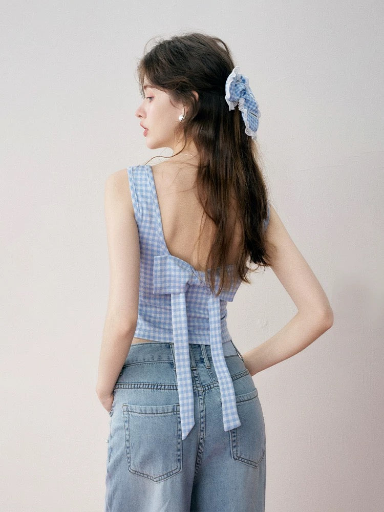 Kroche Plaid bow sleeveless top