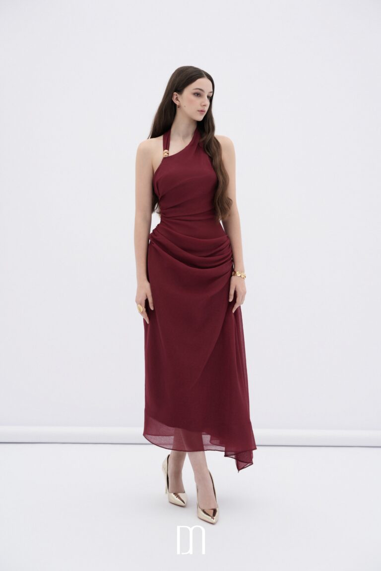 BYDENIO Elowen asymmetric hem midi dress with draped waist (2color)