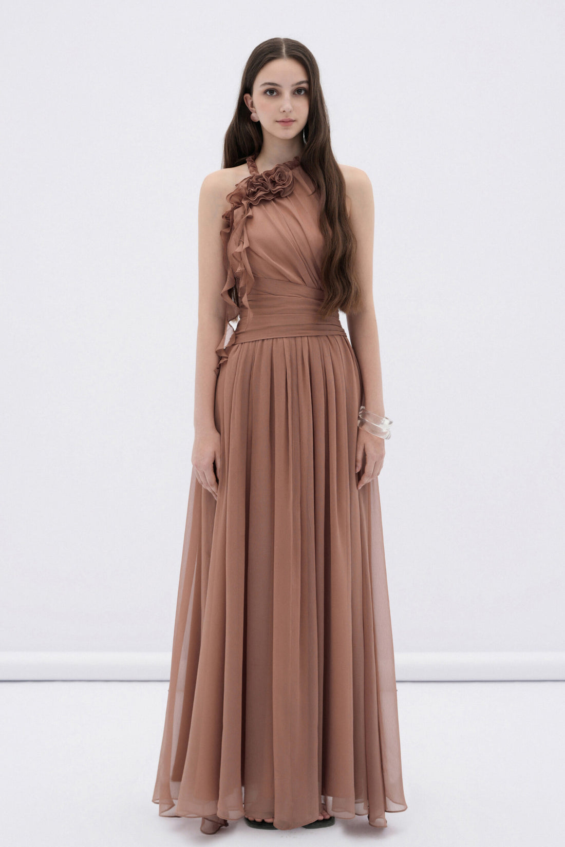 BYDENIO Mireille halter neck maxi dress with flower ruffles