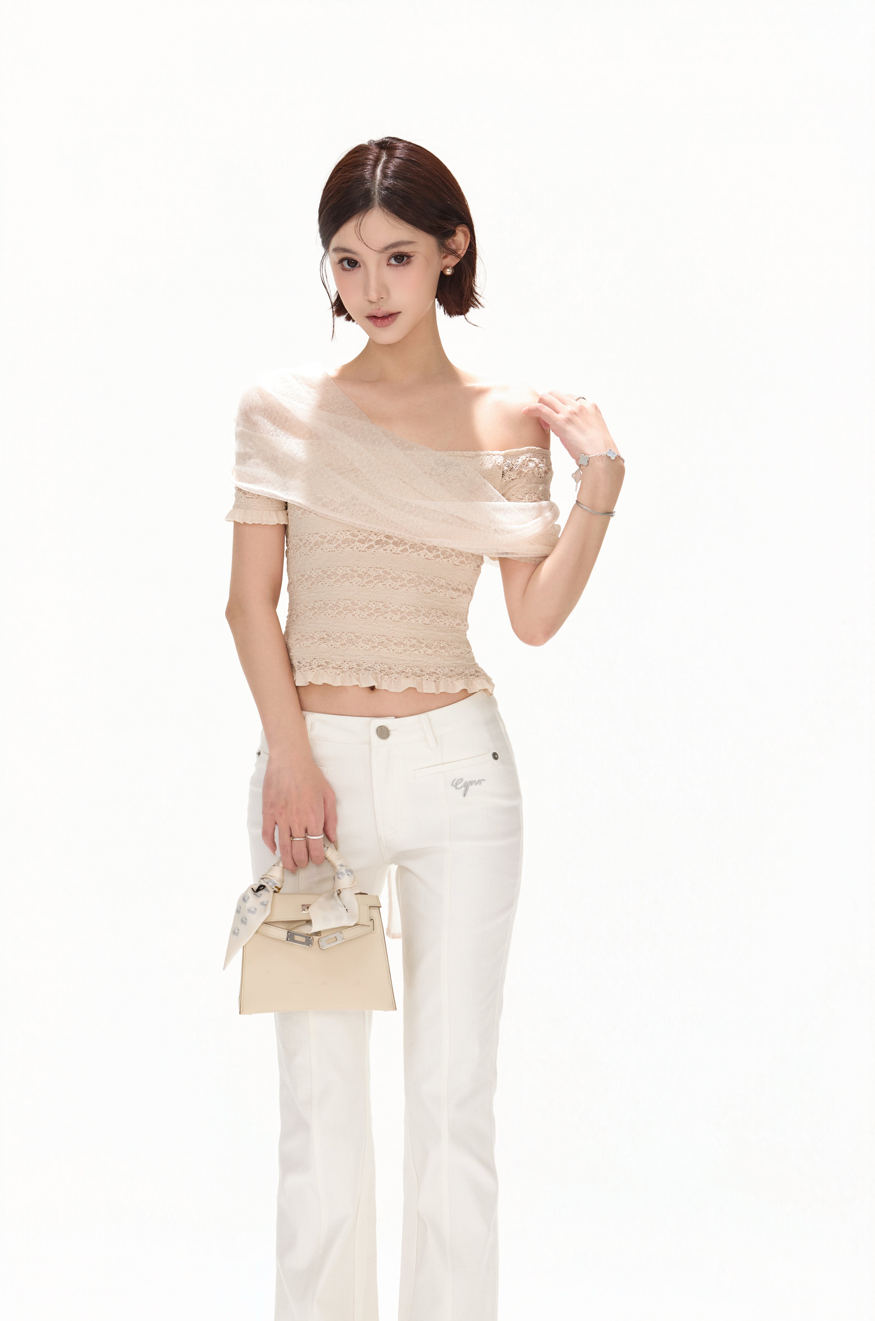 CYNR CY260418TSW Lace jacquard strapless knitted top