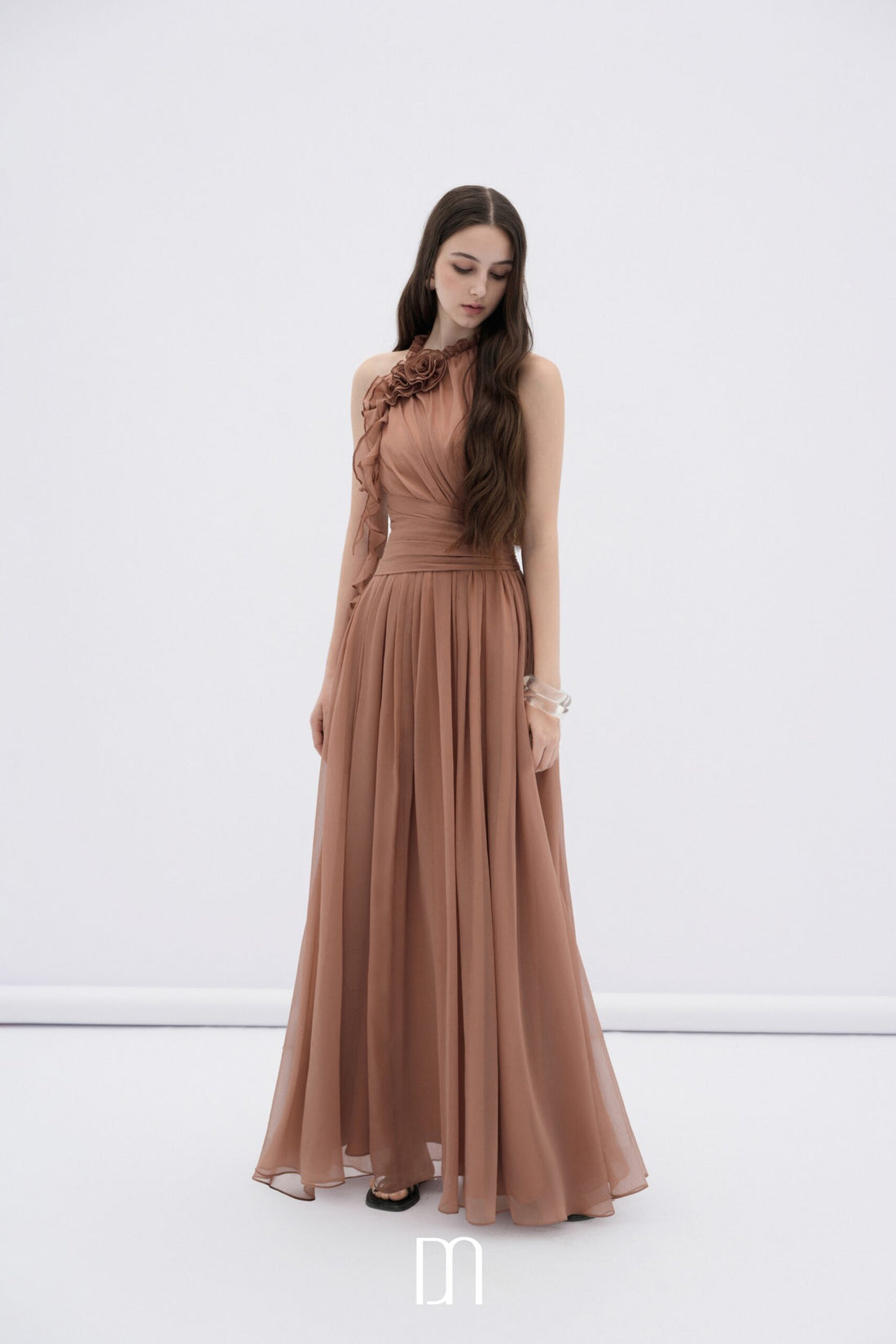 BYDENIO Mireille halter neck maxi dress with flower ruffles