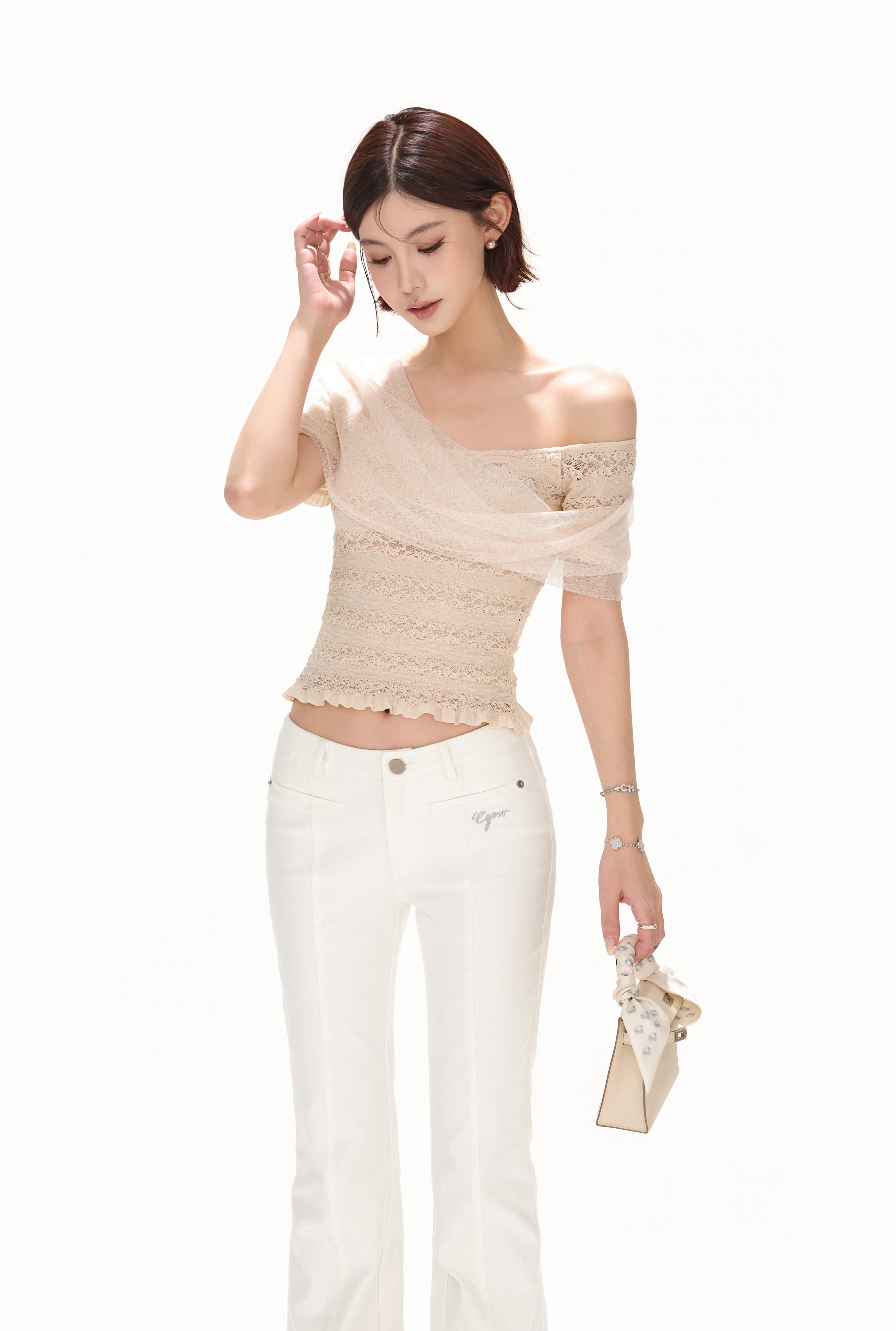 CYNR CY260418TSW Lace jacquard strapless knitted top