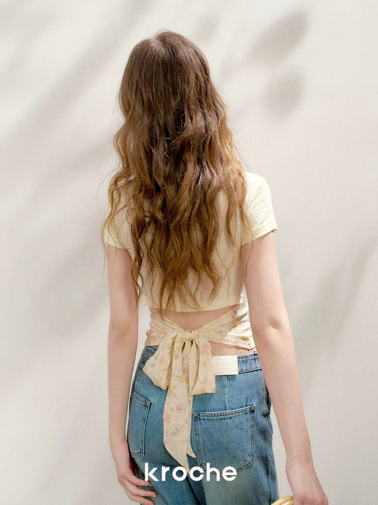 Kroche Floral lace up backless T-shirt