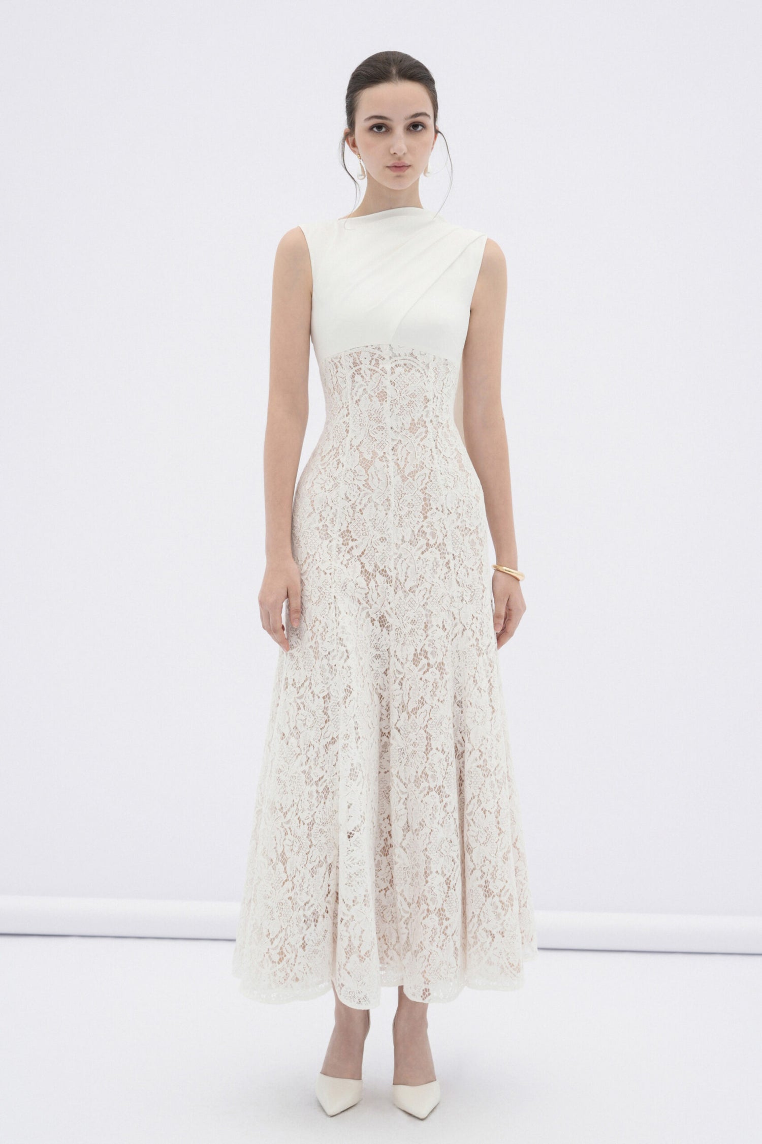 BYDENIO Velin lace midi dress with draped silk neck