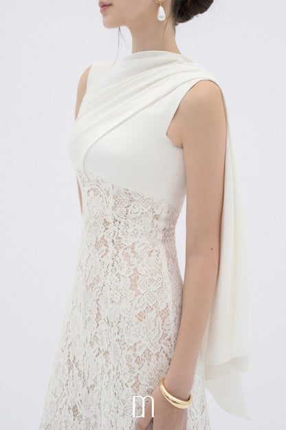 BYDENIO Velin lace midi dress with draped silk neck