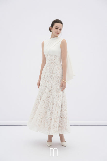 BYDENIO Velin lace midi dress with draped silk neck