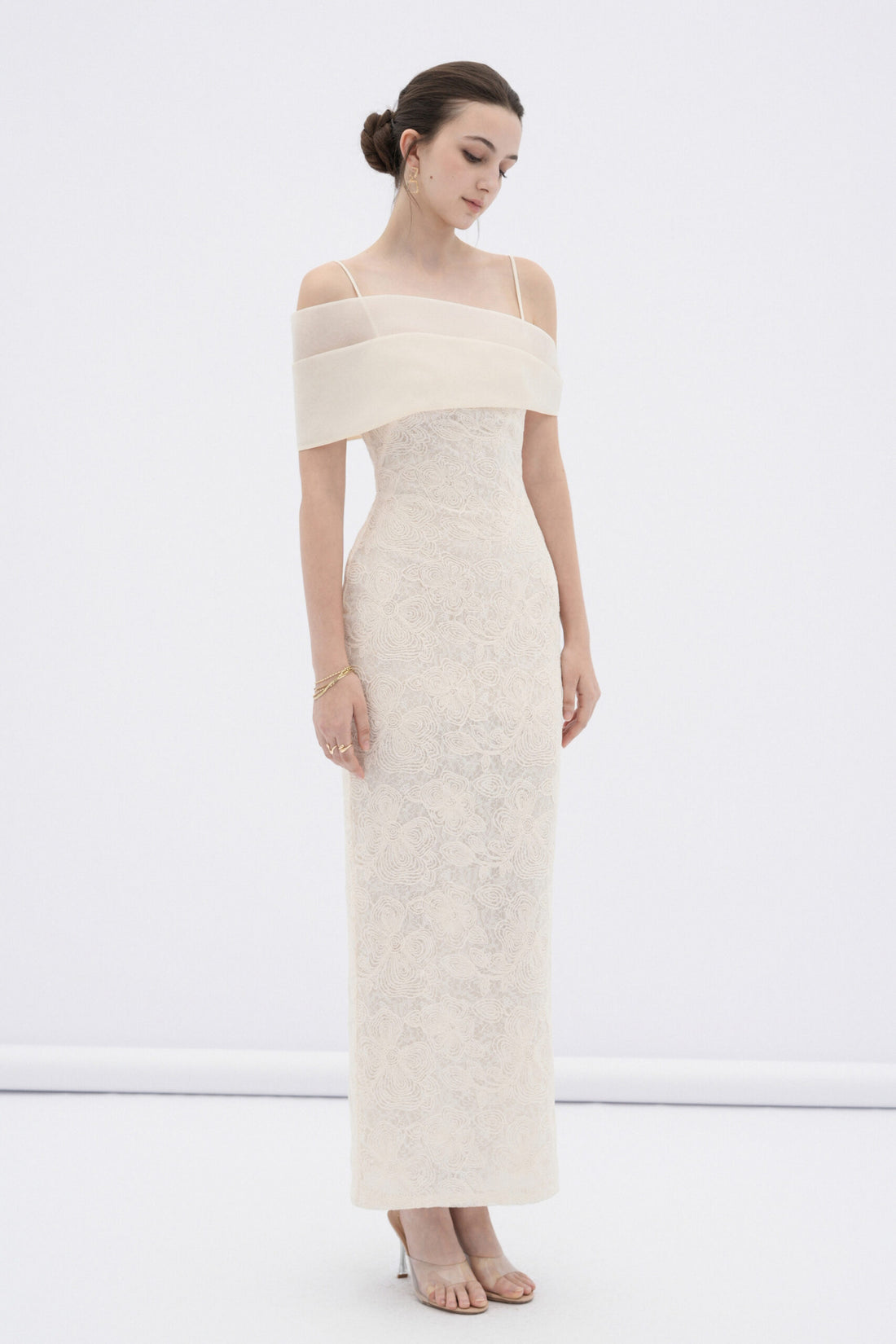 BYDENIO Eira lace body midi dress with sheer off-shoulder panel