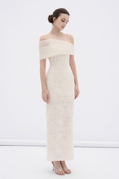 BYDENIO Eira lace body midi dress with sheer off-shoulder panel