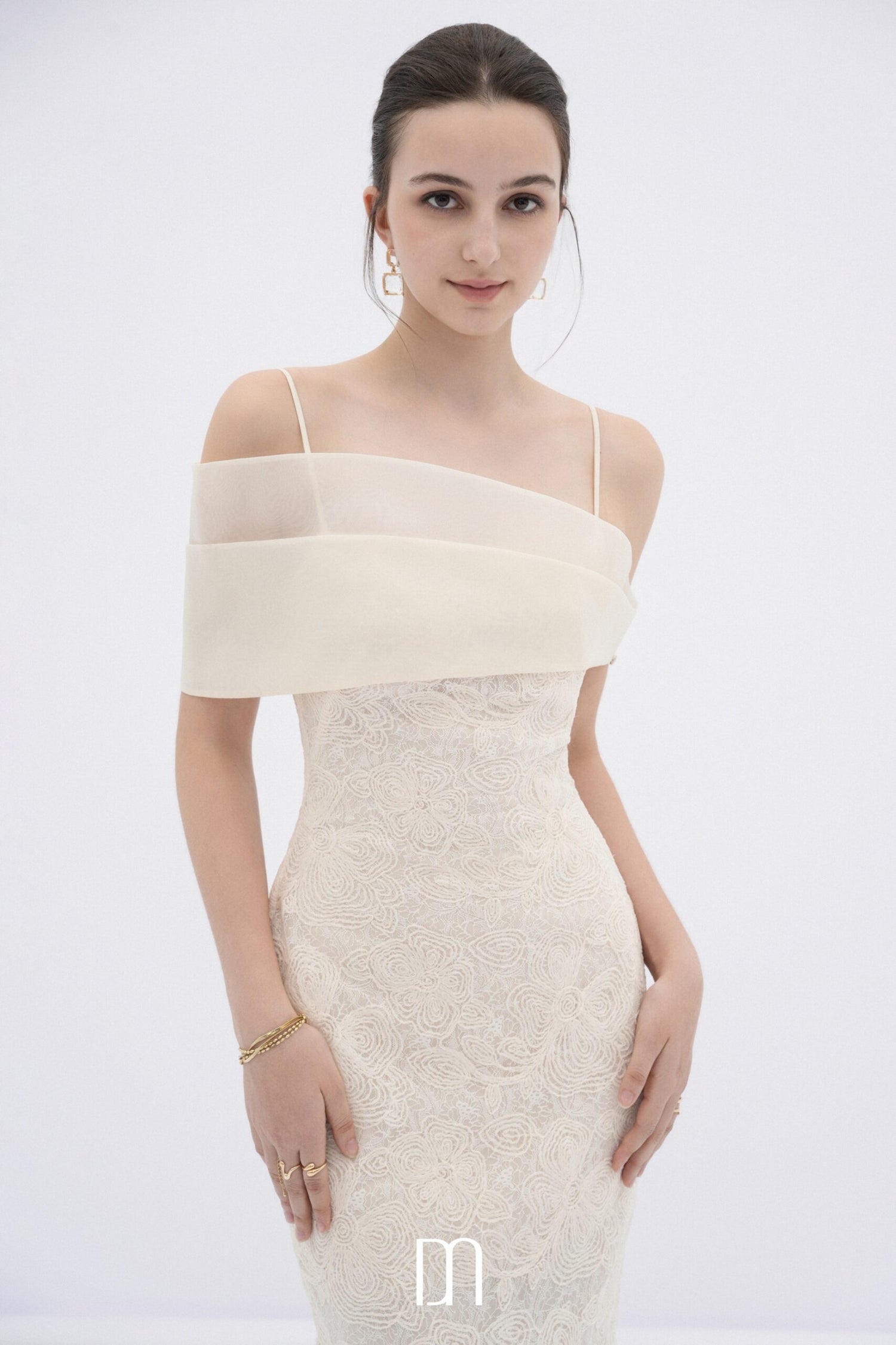 BYDENIO Eira lace body midi dress with sheer off-shoulder panel
