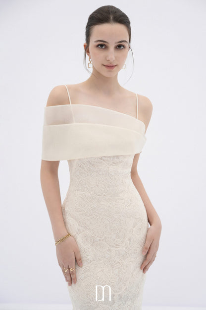 BYDENIO Eira lace body midi dress with sheer off-shoulder panel