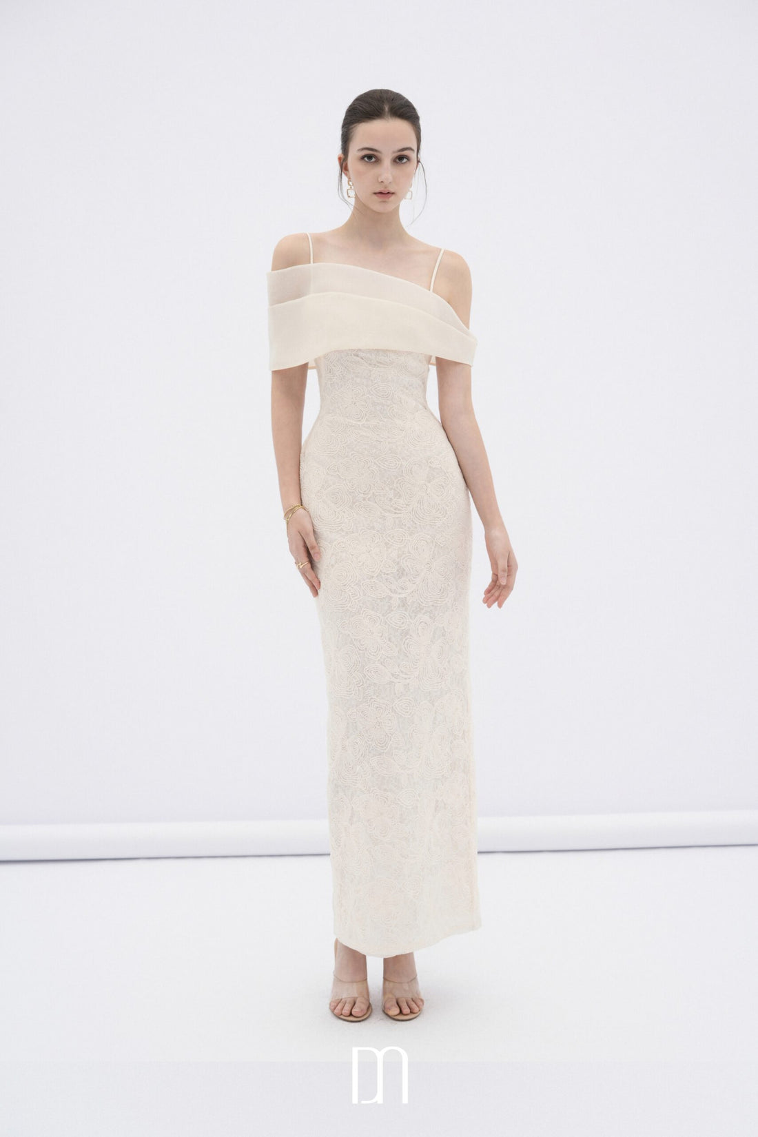 BYDENIO Eira lace body midi dress with sheer off-shoulder panel