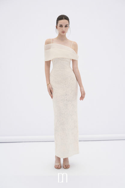 BYDENIO Eira lace body midi dress with sheer off-shoulder panel