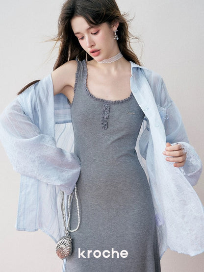 Kroche Lace patchwork ribbon striped shirt