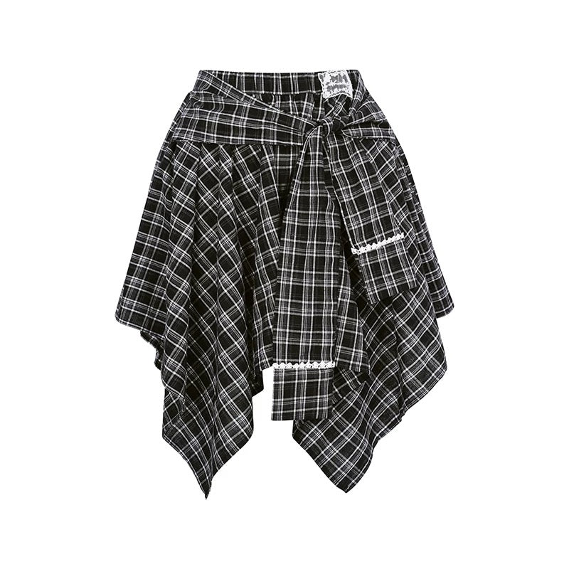 Kroche Irregular design lace patchwork plaid short skirt