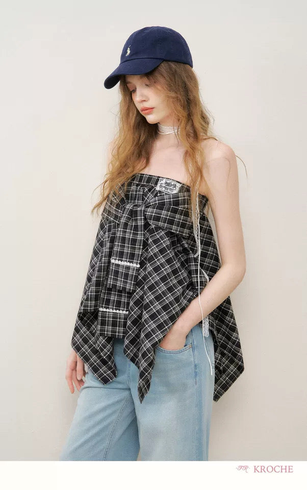 Kroche Irregular design lace patchwork plaid short skirt