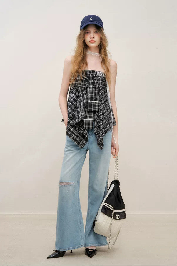 Kroche Irregular design lace patchwork plaid short skirt
