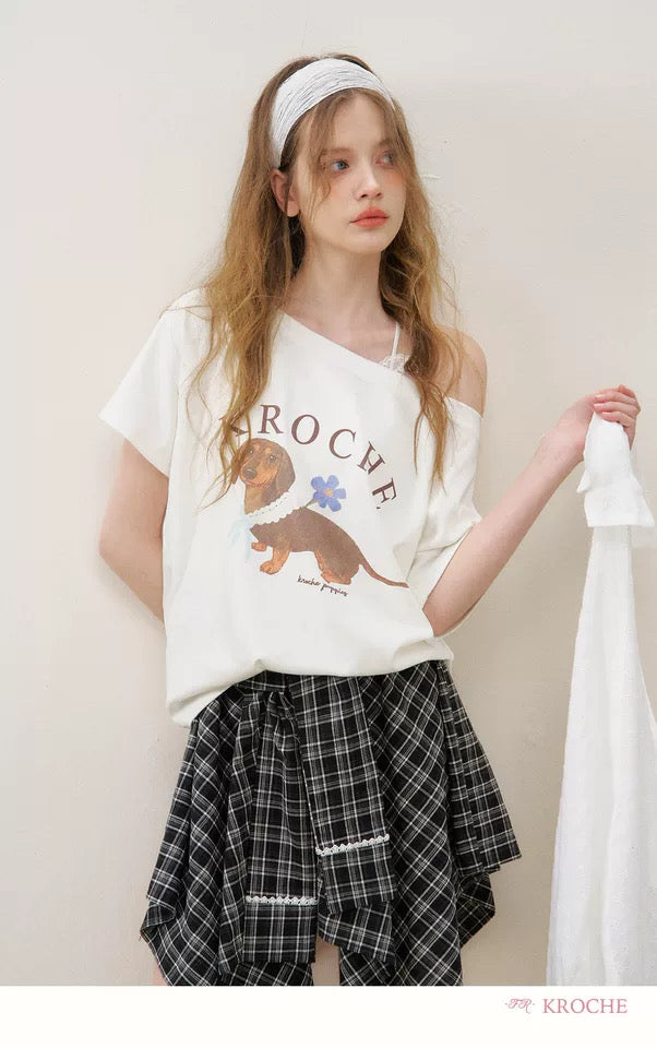 Kroche Irregular design lace patchwork plaid short skirt