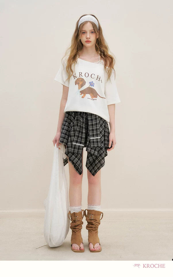 Kroche Irregular design lace patchwork plaid short skirt