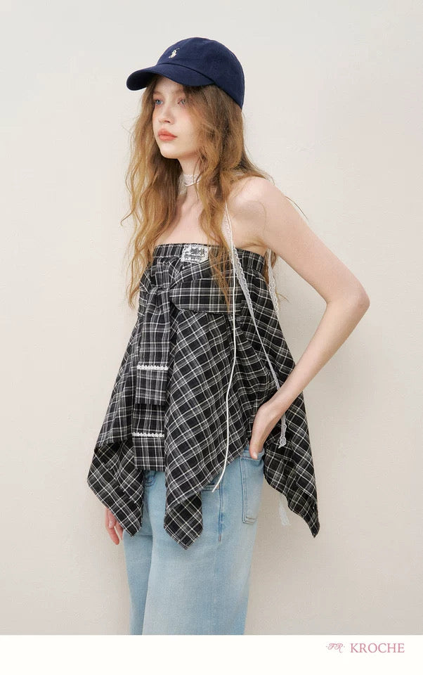 Kroche Irregular design lace patchwork plaid short skirt