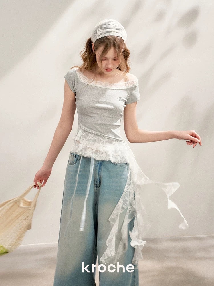 Kroche Lace splicing off-shoulder T-shirt