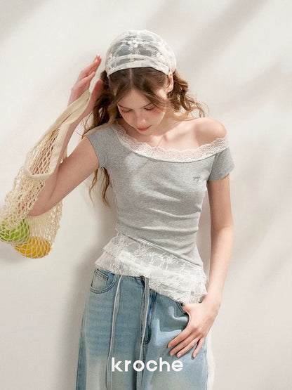 Kroche Lace splicing off-shoulder T-shirt