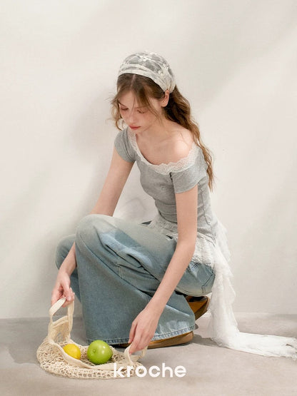 Kroche Lace splicing off-shoulder T-shirt