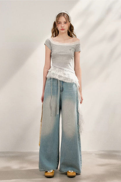 Kroche Lace splicing off-shoulder T-shirt