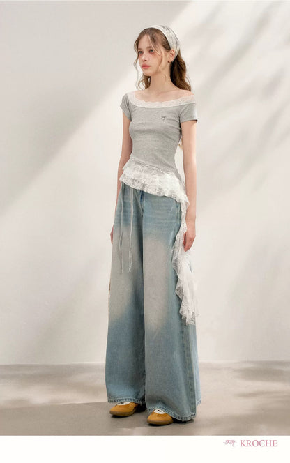 Kroche Lace splicing off-shoulder T-shirt