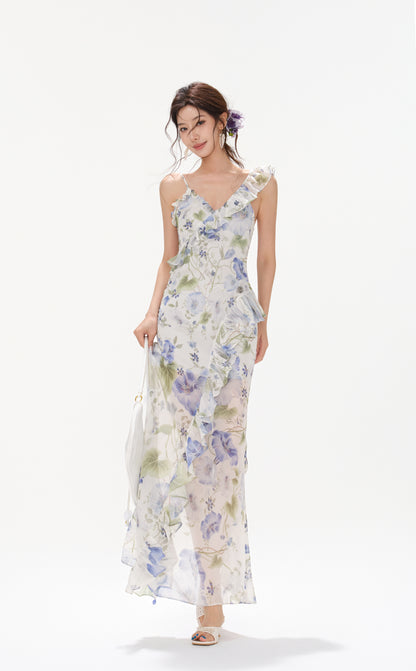 CYNR CY260466DLW Ruffle V-neck floral suspender dress